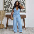 Elegant Office Halter Lace up Backless Two Piece Set