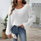 Women Pullover Sweater Beaded Top Women Clothing Simple Loose off Shoulder off the Shoulder Flared Sleeves Sweater