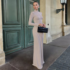 Women's Pleated Stand-Collar Long Sleeve Maxi Dress