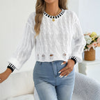 Women Clothing Autumn Winter Casual Contrast Color Lantern Sleeve Cut Rotten Hem Short Sweater