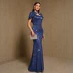 Navy blue maxi dress, chest cutout, short sleeves, fitted mermaid shape
