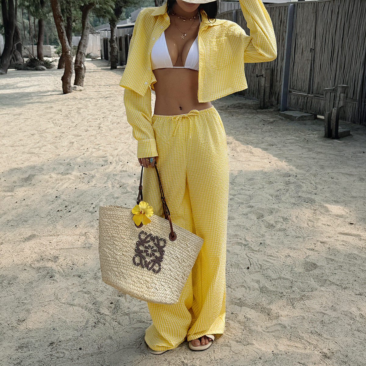 Women Clothing Summer Vacation Casual Long Sleeved Button Shirt Long Pants Set