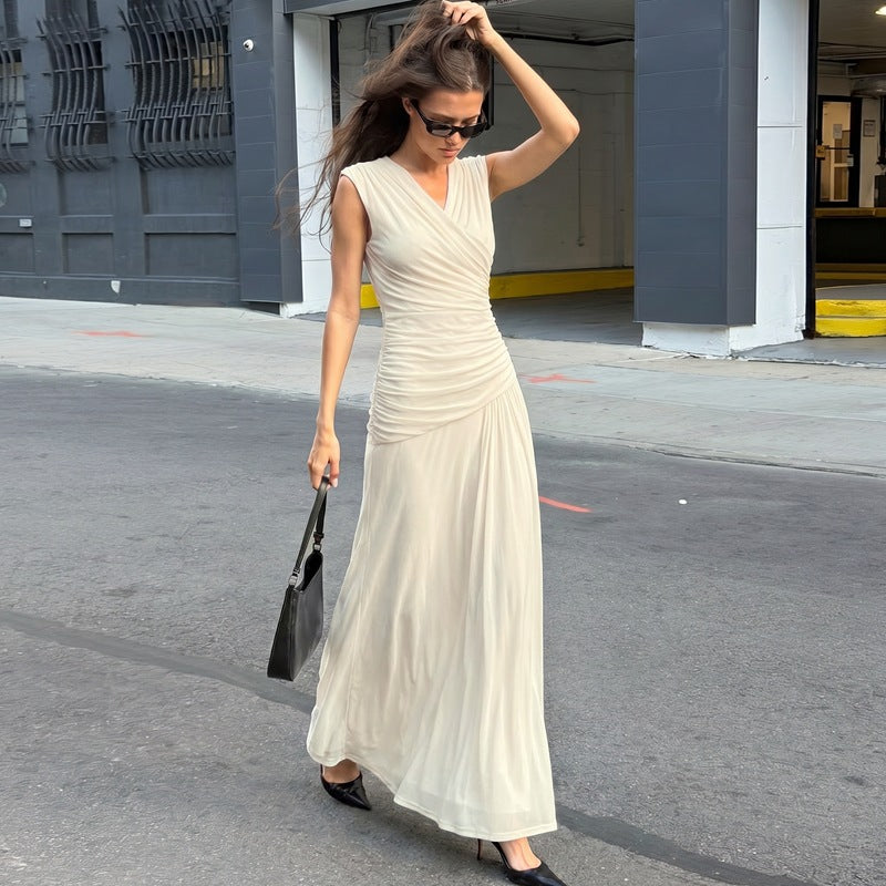 Women's French V-Neck Draped Maxi Dress