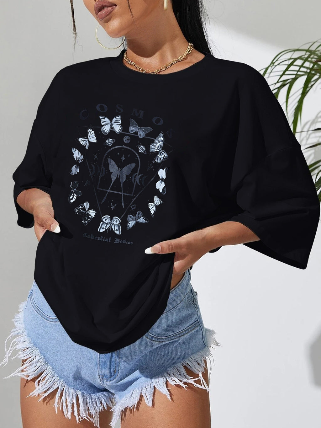 Women's Casual Black T Shirt Simple Round Neck Short Sleeve Women Top Loose Butterfly Print