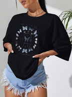 Women's Casual Black T Shirt Simple Round Neck Short Sleeve Women Top Loose Butterfly Print