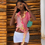 Women's Pink Floral Ruffle Blouse
