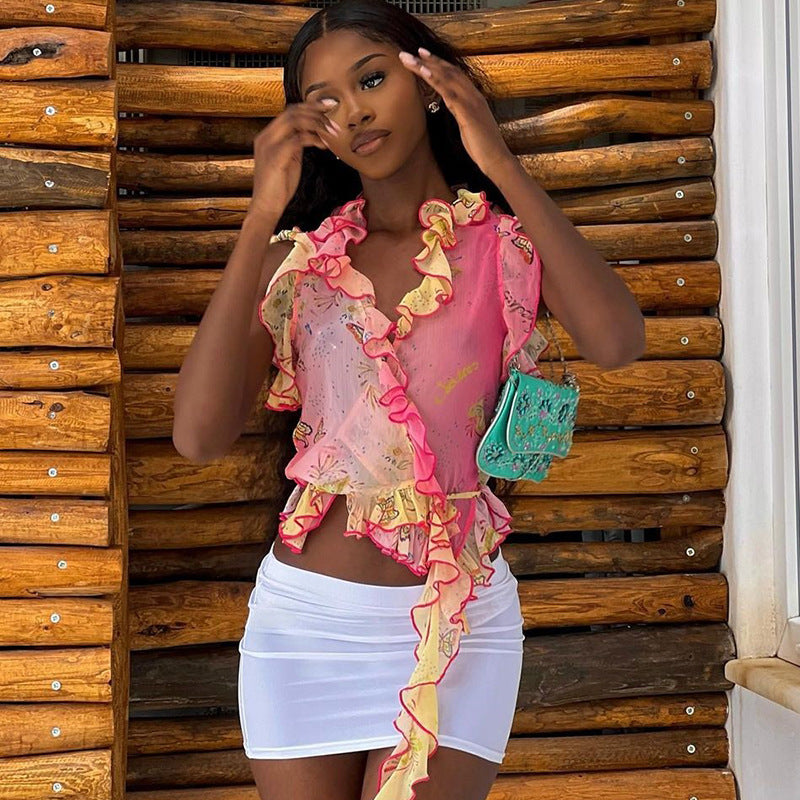 Women's Pink Floral Ruffle Blouse