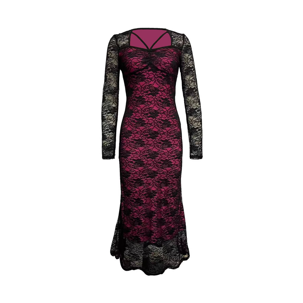 Women's Floral Lace Long Sleeve Bodycon Maxi Dress