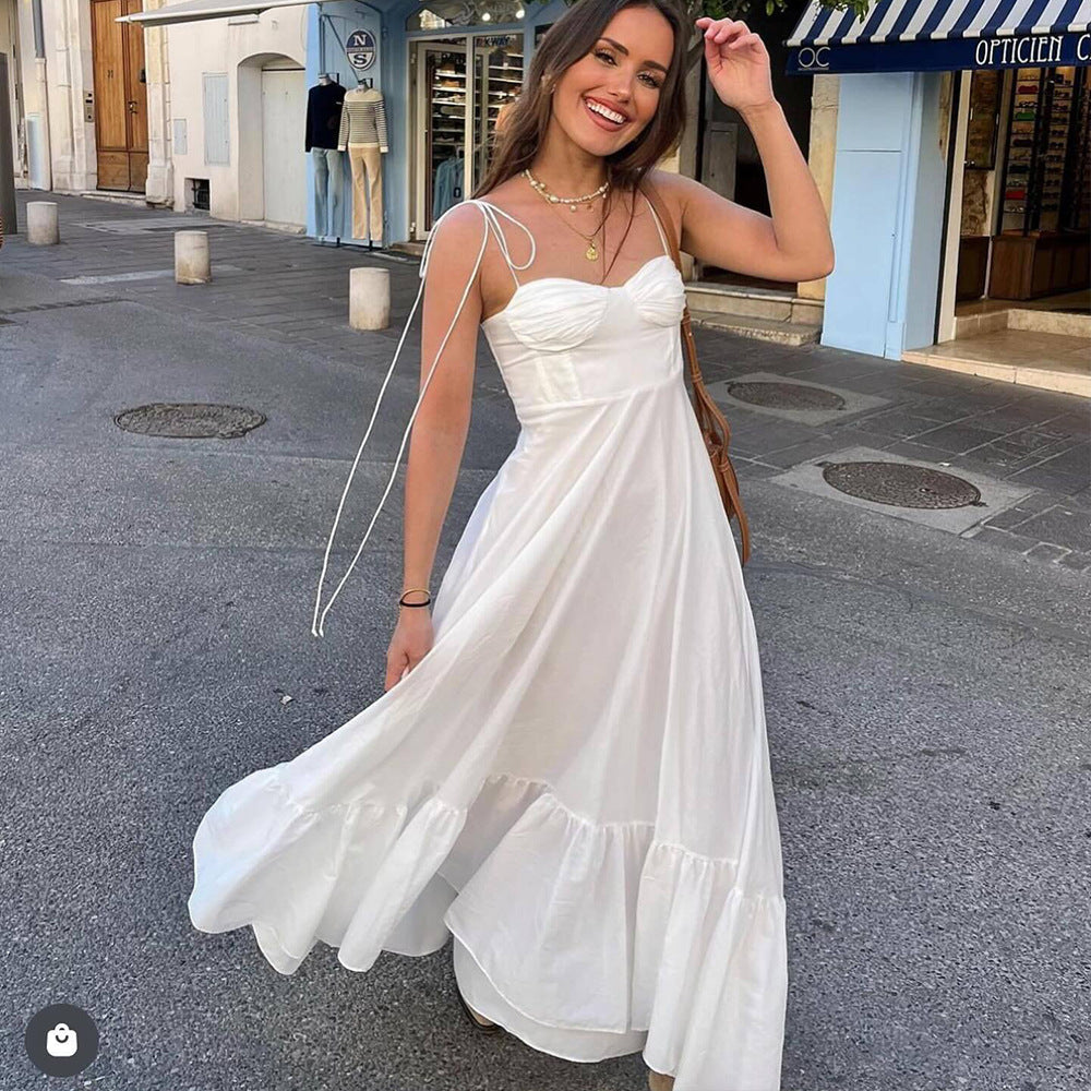 Summer Laminated Decoration Poplin Sleeveless Strappy Dress Slim