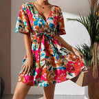 Floral Print Cross-Collar Belt Dress