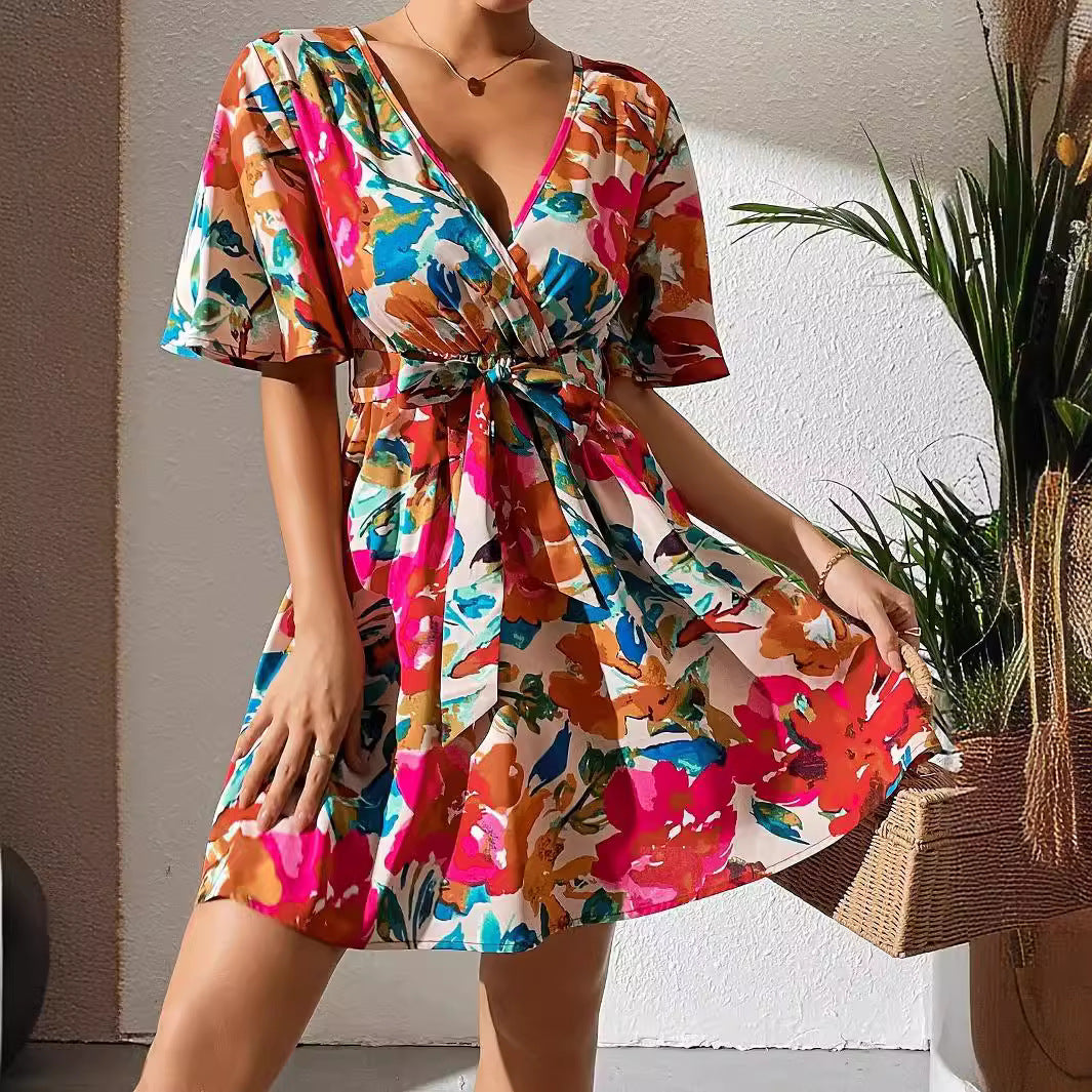 Floral Print Cross-Collar Belt Dress