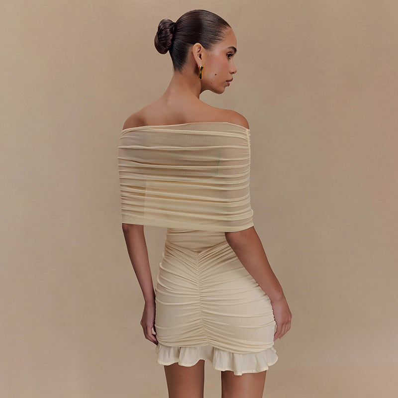 Off-Shoulder Mesh Ruffle Bodycon Mini Dress
