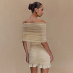 Off-Shoulder Mesh Ruffle Bodycon Mini Dress
