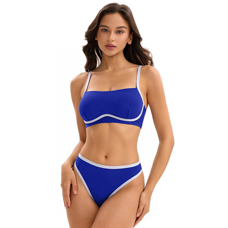 Dark blue bikini with bandeau top and high-waist briefs, white contrast trim