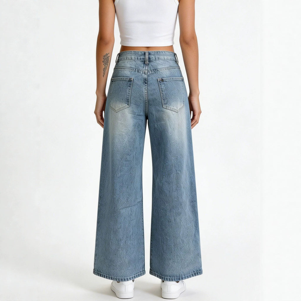 Retro Loose High Waist Wide Leg Straight Women Denim Pants