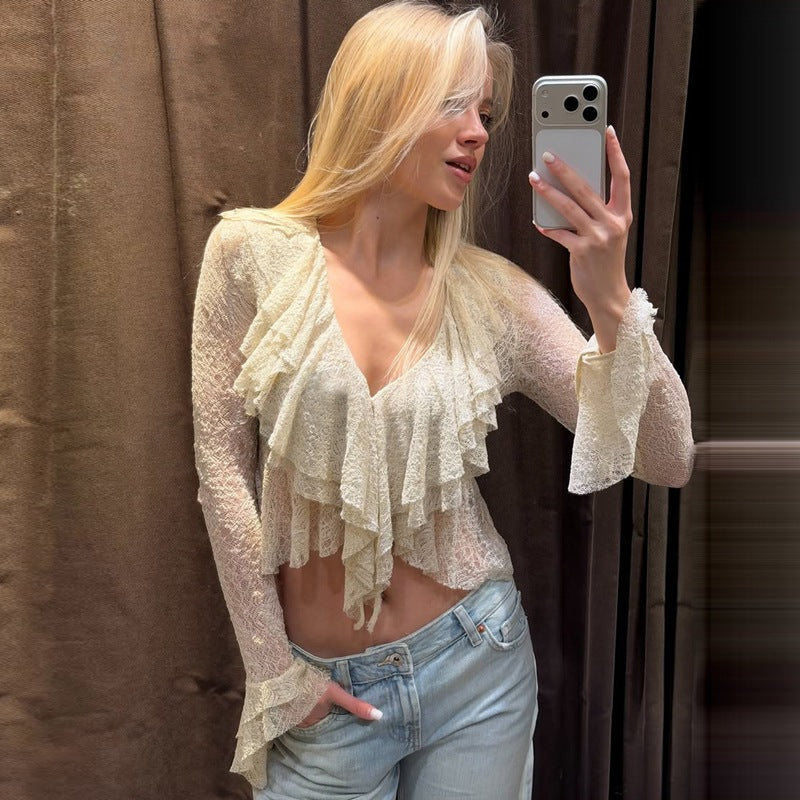 Women Clothing Summer Pure Sexy V neck Lace See through