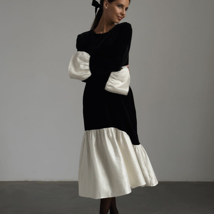 Korean Velvet Stitching round Neck Flared Sleeves