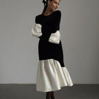 Korean Velvet Stitching round Neck Flared Sleeves
