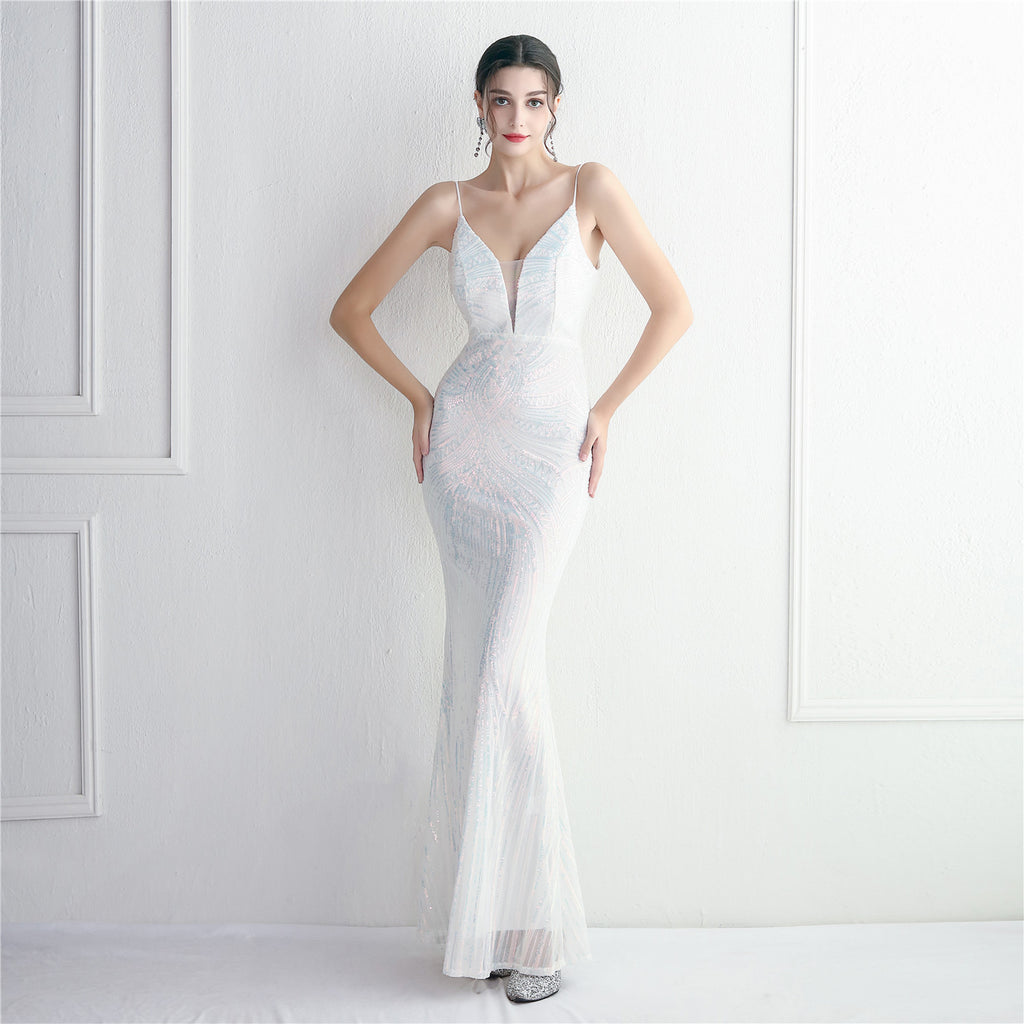 Women's Floral Beaded Strappy Party Sequin Dress Long Cocktail Slim Fit