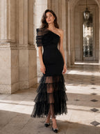 Asymmetric Mesh Fishtail Evening Dress
