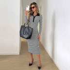 Women's Mid Length T Shirt Autumn Winter Casual Black White Striped Long Sleeve Narrow Dress