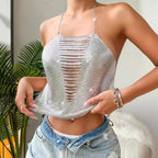Sexy Solid Color Chainmail Metal Halter Backless Top Vest