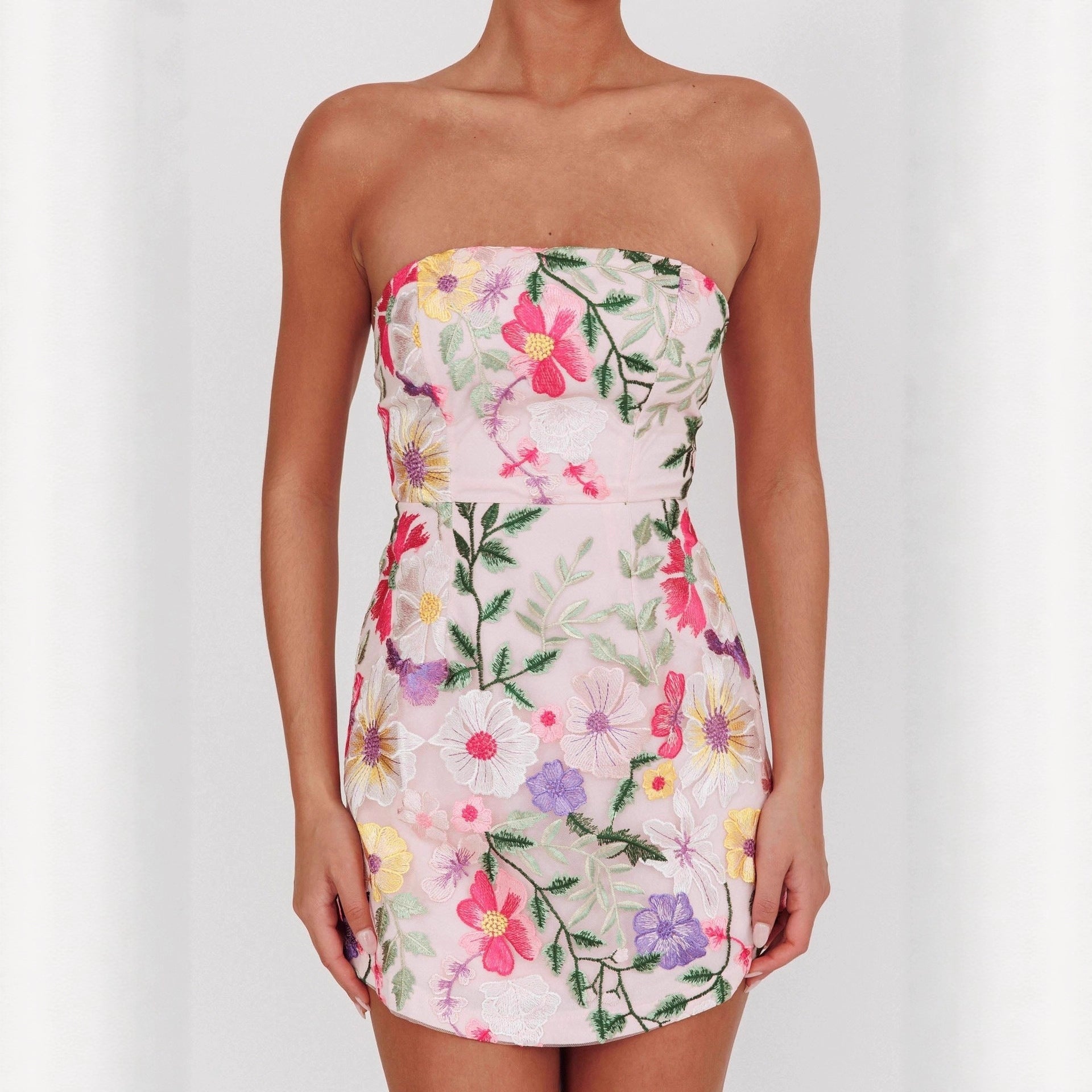 Women's Strapless Floral Embroidered Mini Dress