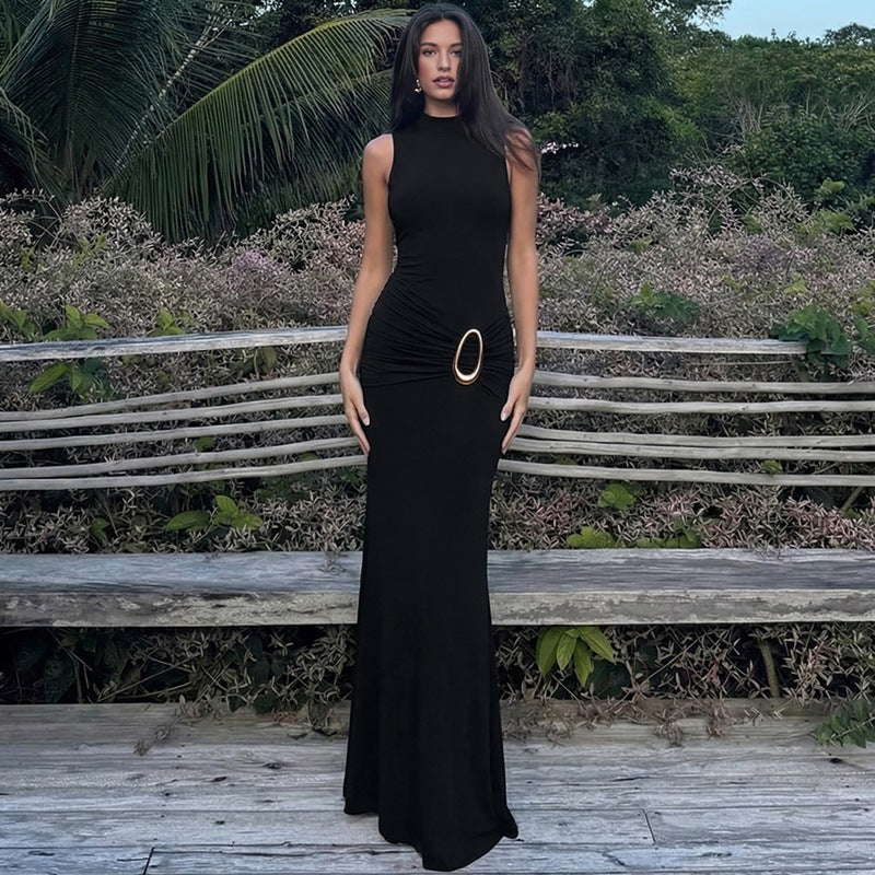 Women's Stand-Collar Ring Cutout Backless Dress