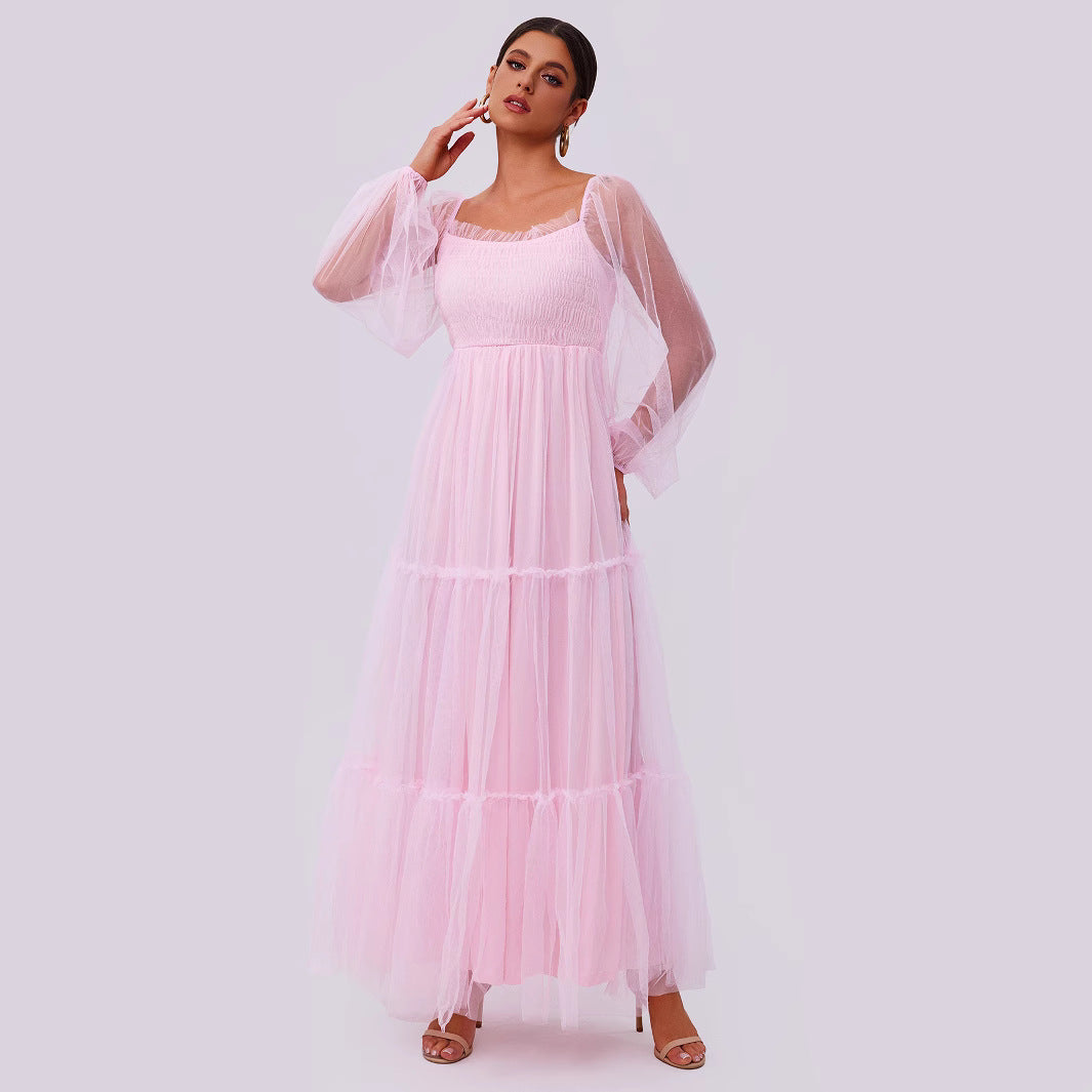 Square-Neck Mesh Ruffle Tiered A-Line Maxi Dress