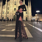 Spring Summer Black Long Sleeve Leopard Print Lining Two Piece Set High Slit Long