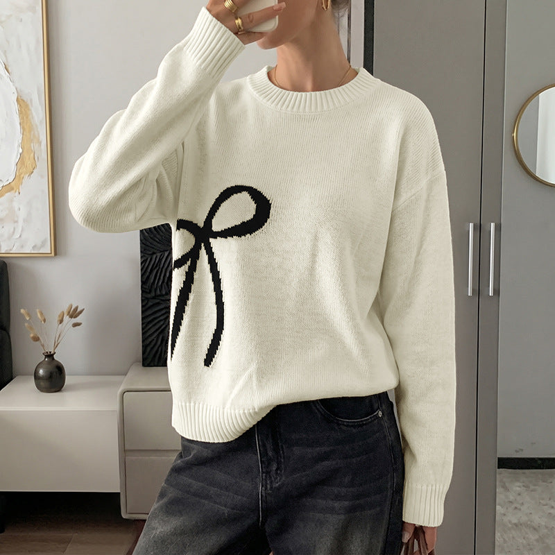 Korean Gentle Asymmetric Bow Brocade Sweater Women