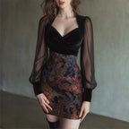 See through Mesh Patchwork Dress Elegant Slim Waist Strapless Package Hip