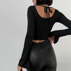 Women's Tight Short Solid Color Backless Lace Up Bottoming Shirt