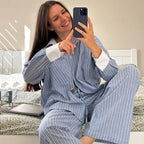 Women's Arrival Contrast Color Striped Pajamas Long Sleeve Trousers Casual All Match Home Wear Can Be Worn Outside