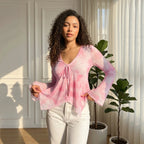 Summer Women Clothes Sexy Floral Mesh V neck Tied Long