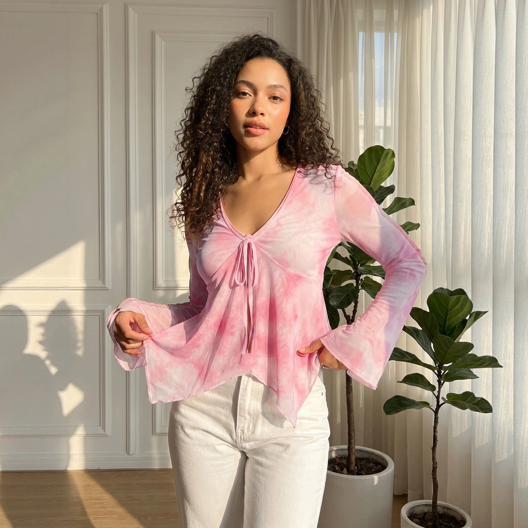 Summer Women Clothes Sexy Floral Mesh V neck Tied Long