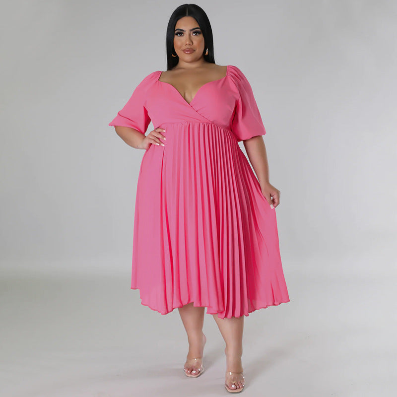 Plus Size Pleated V-Neck Midi Dress