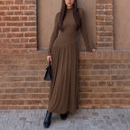 Women's Stand-Collar Ruched Long Sleeve Maxi Dress