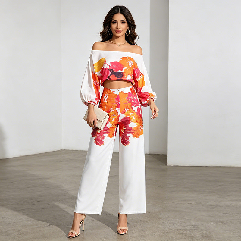 Floral Print Casual Two Piece Sets off Shoulder Top High Waist Wide Leg Pants Women