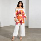 Floral Print Casual Two Piece Sets off Shoulder Top High Waist Wide Leg Pants Women