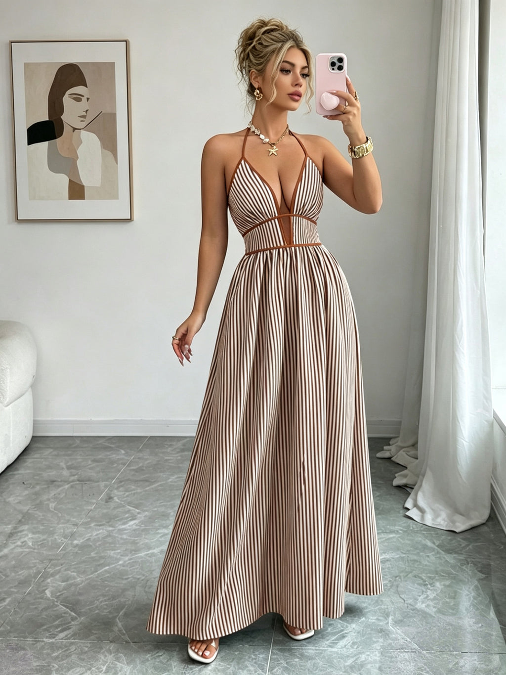 Khaki striped halter maxi dress with V-neck bodice and gathered waist