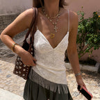 Summer Sexy Lace Jacquard V neck Tassel Suspender Women Vacation Irregular Asymmetric Sexy Slim Vest