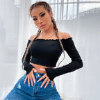 Street Casual Off Neck Knitted Long Sleeve Ultra Short T Shirt Top