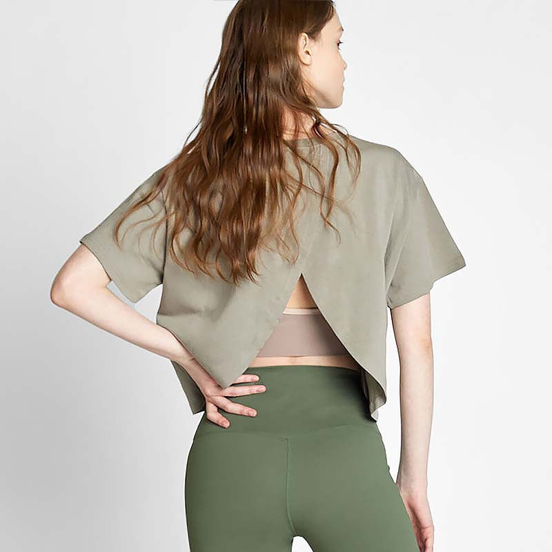 Women's Short Sleeved T-Shirt Pure Cotton Loose Short Backless Crew Neck