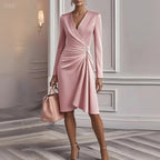 Slim Fit Slim Fit Solid Color Hip Dress Long Sleeve V Pleated Design