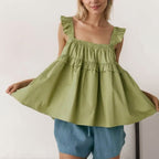 Ruffled Flounced Sleeve Camisole Pleated Design Loose All
