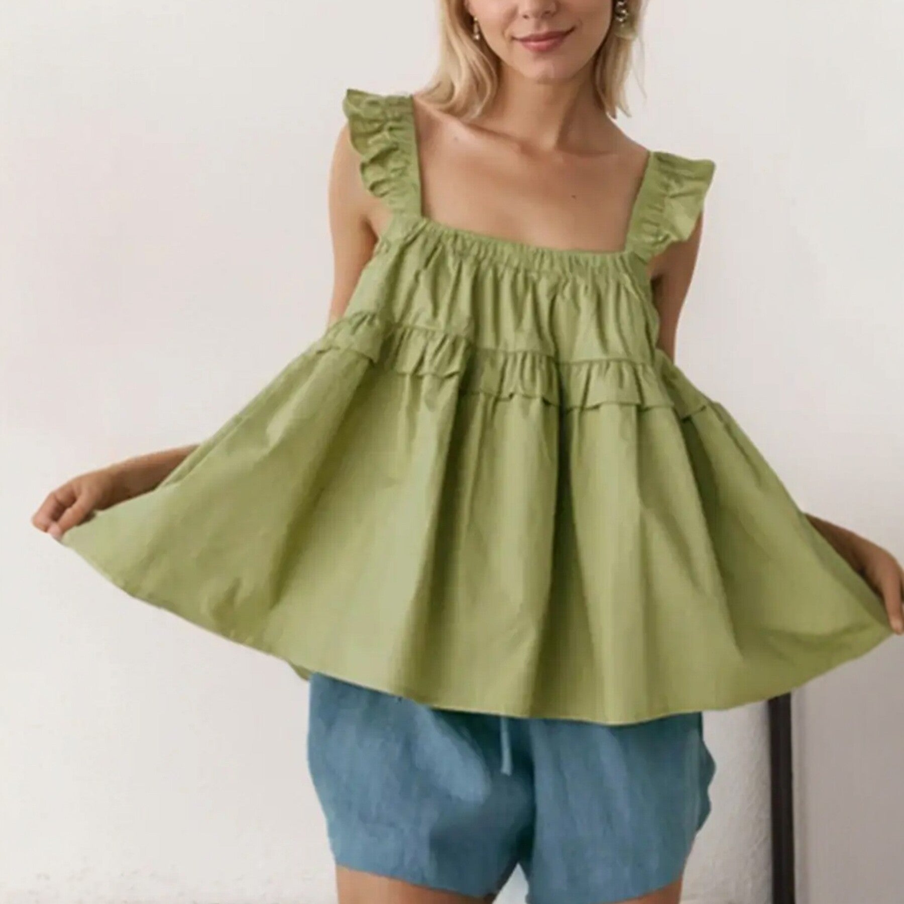 Ruffled Flounced Sleeve Camisole Pleated Design Loose All