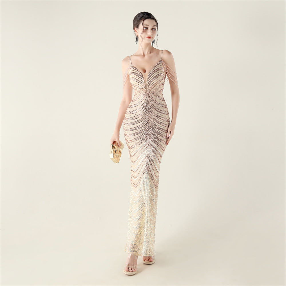 Women's Deep V Plunge Neck Wave Gradient Sequin Evening Dress