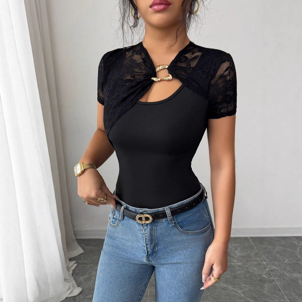 Lace-Stitching Metal-Buckle Short-Sleeve Top