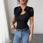 Lace-Stitching Metal-Buckle Short-Sleeve Top